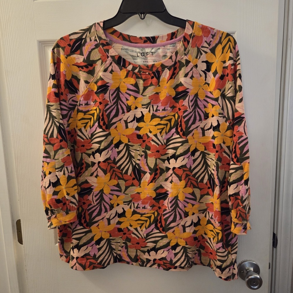 Loft sz XXL colorful floral 100% cotton shirt 3/4 slvs tropical garden spring